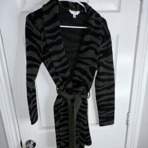 Time and Tru XS Green Black Animal Print Collared Belted Cardigan Sweater
